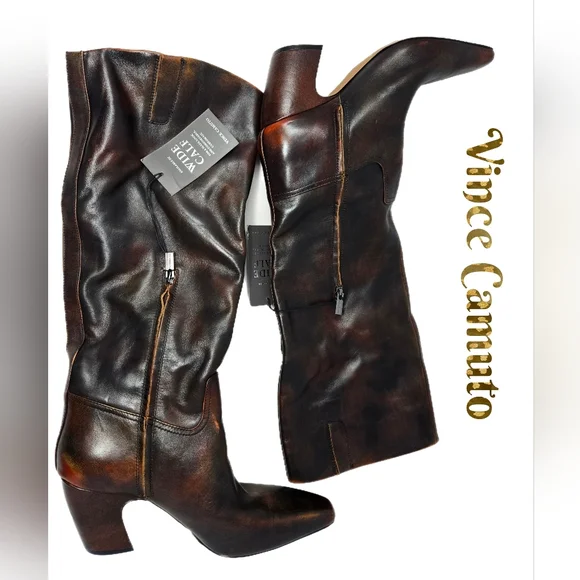 Vince Camuto Cristin Knee High Boots Sz 11M Wide Calf Washed Brown Leather - Picture 1 of 11